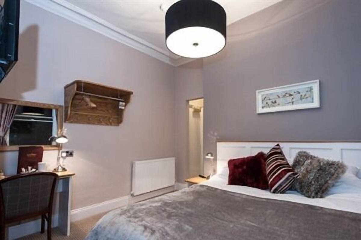 Une chambre à coucher comprenant un lit, un bureau, une chaise, un miroir et un radiateur.