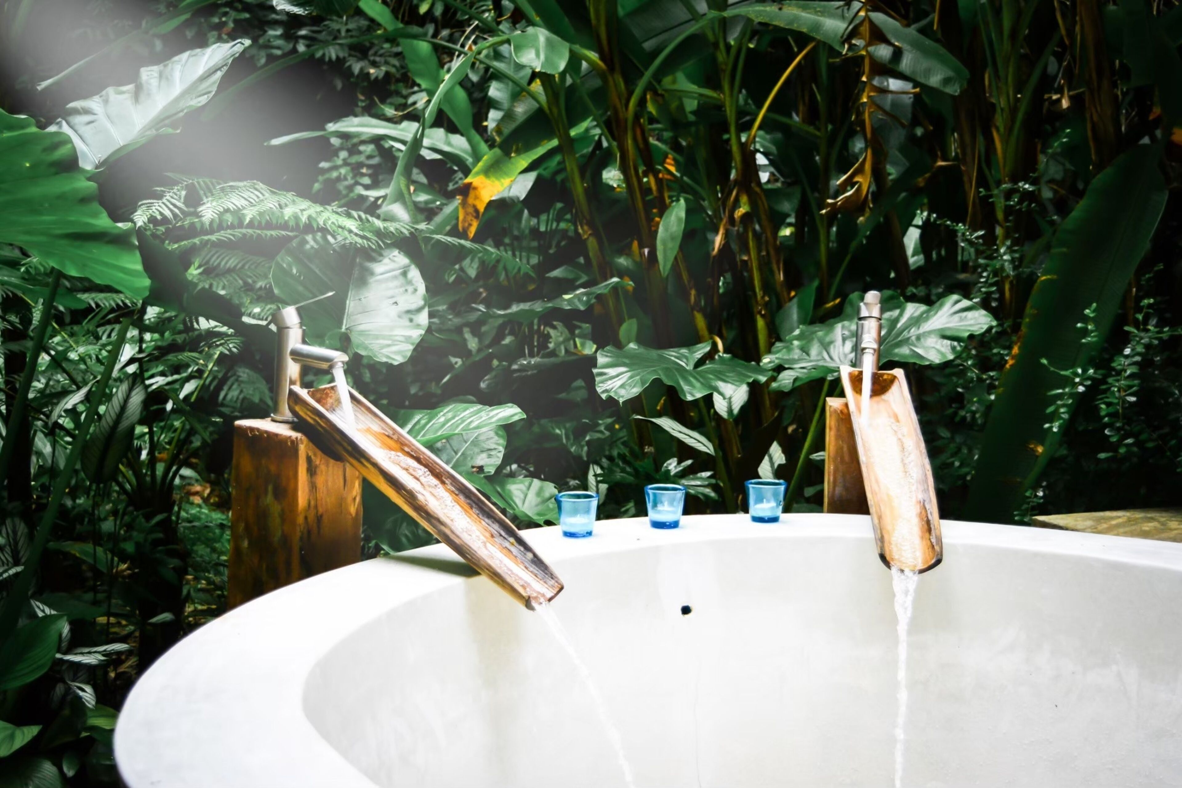 Une baignoire blanche, ornée de robinets en cuivre, entourée d’un luxuriant feuillage verdoyant.