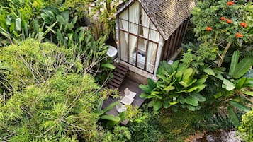 A small, rustic house surrounded by lush greenery and a small stream.
