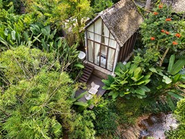 Una casa pequeña y rústica rodeada de abundante vegetación y un arroyo.