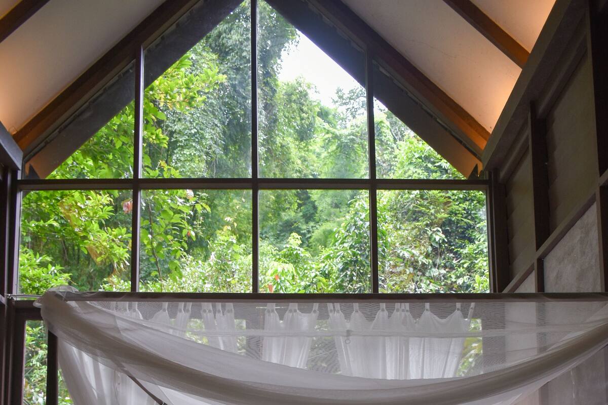 Un dormitorio con cama a dosel, vista a follaje exuberante y cabecera de madera.