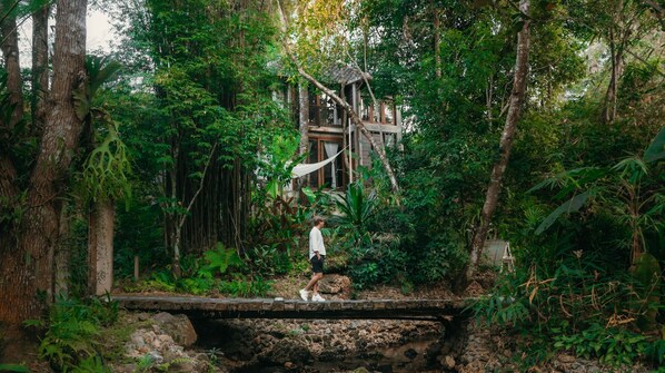 A person standing on a stone bridge in a lush forest, overlooking a rustic wooden structure with a thatched roof. - Proud Phu Fah Maerim (Mae Rim)