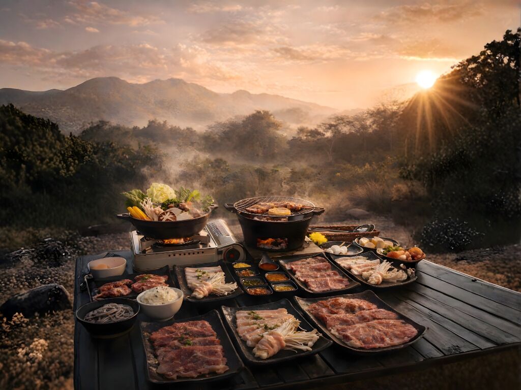 Una barbacoa al aire libre con diversas carnes y verduras, en un paisaje montañoso durante el atardecer.
