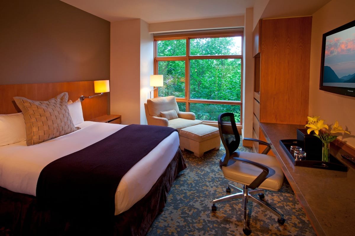 A hotel room with a large bed, a desk with a chair, a window with a view of trees, and a TV on the wall.