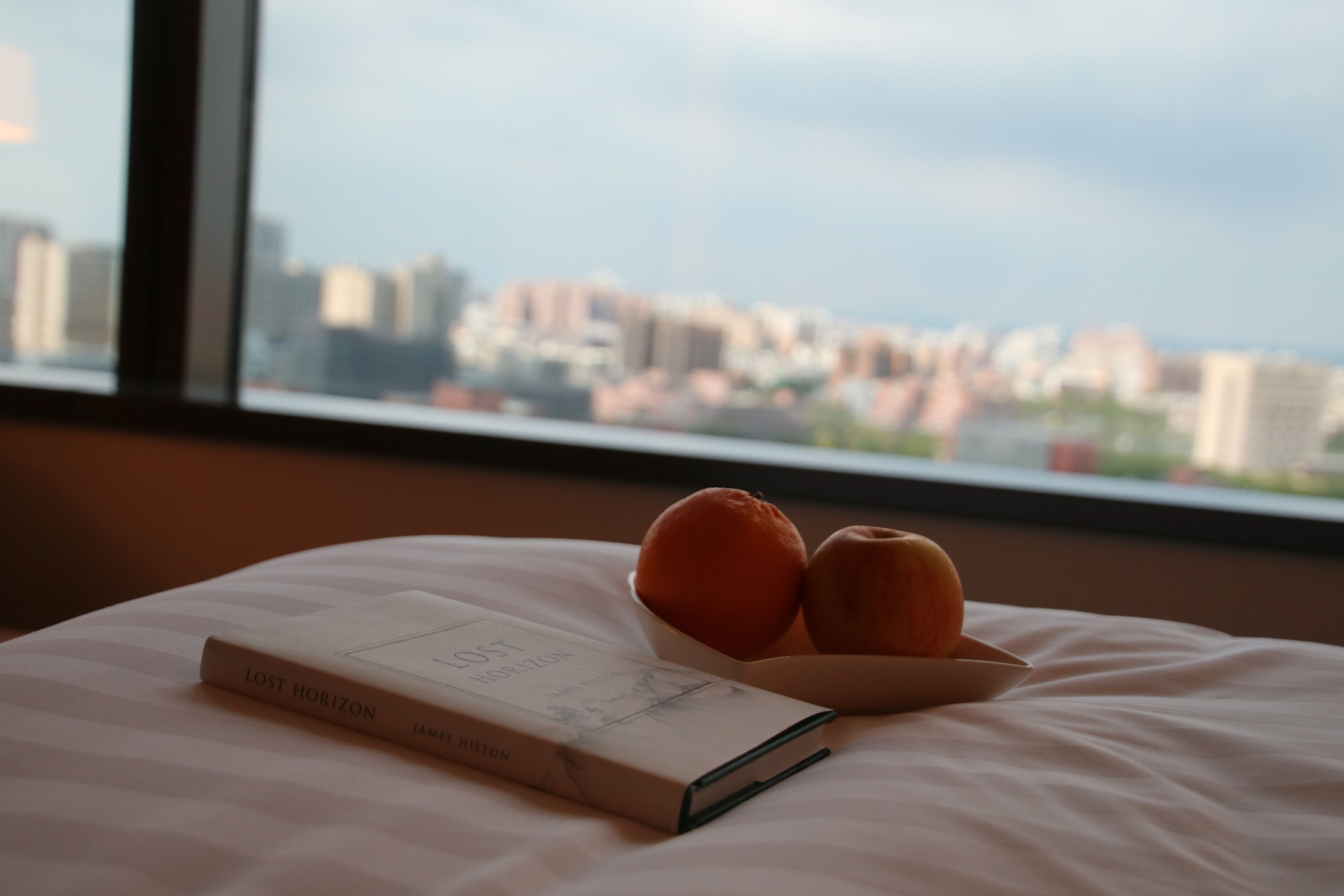 Un libro titulado "Lost Horizon" sobre una cama, con un cuenco que contiene dos naranjas y una manzana.