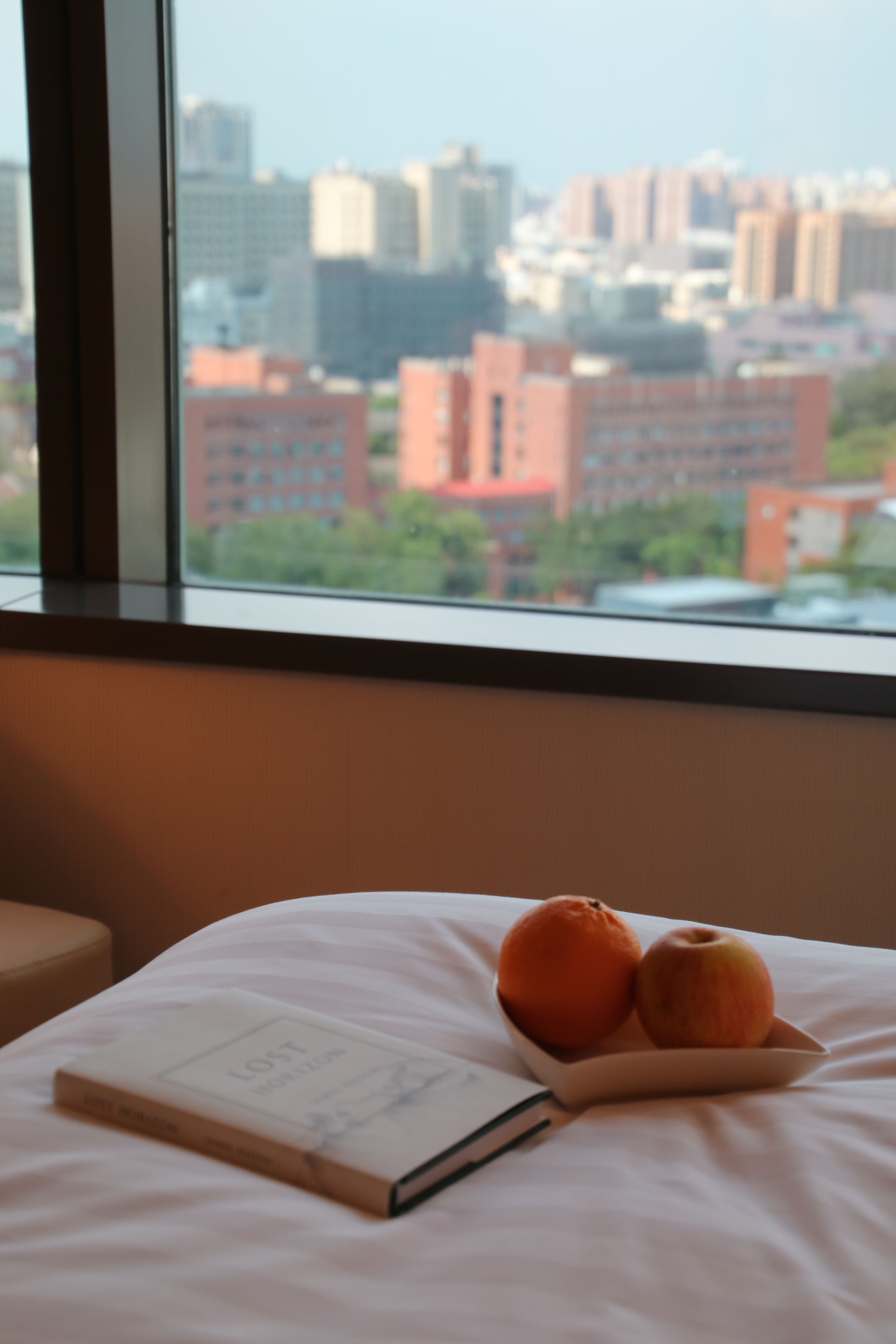 A bed with a book and two fruits, a window with a city view.