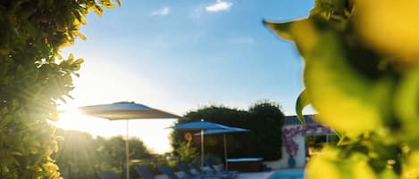 Piscine extérieure, chaises longues