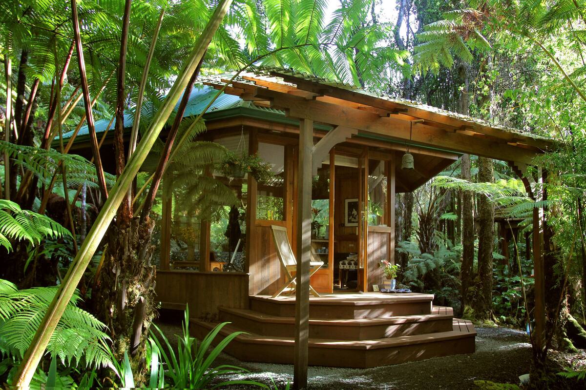 Eine Holzhütte mit überdachter Veranda, umgeben von üppigem Grün und Farne.