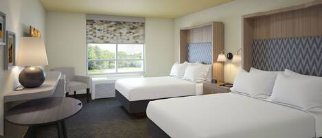 A hotel room with two beds, a desk, a chair, a window with a view, and a patterned wall.