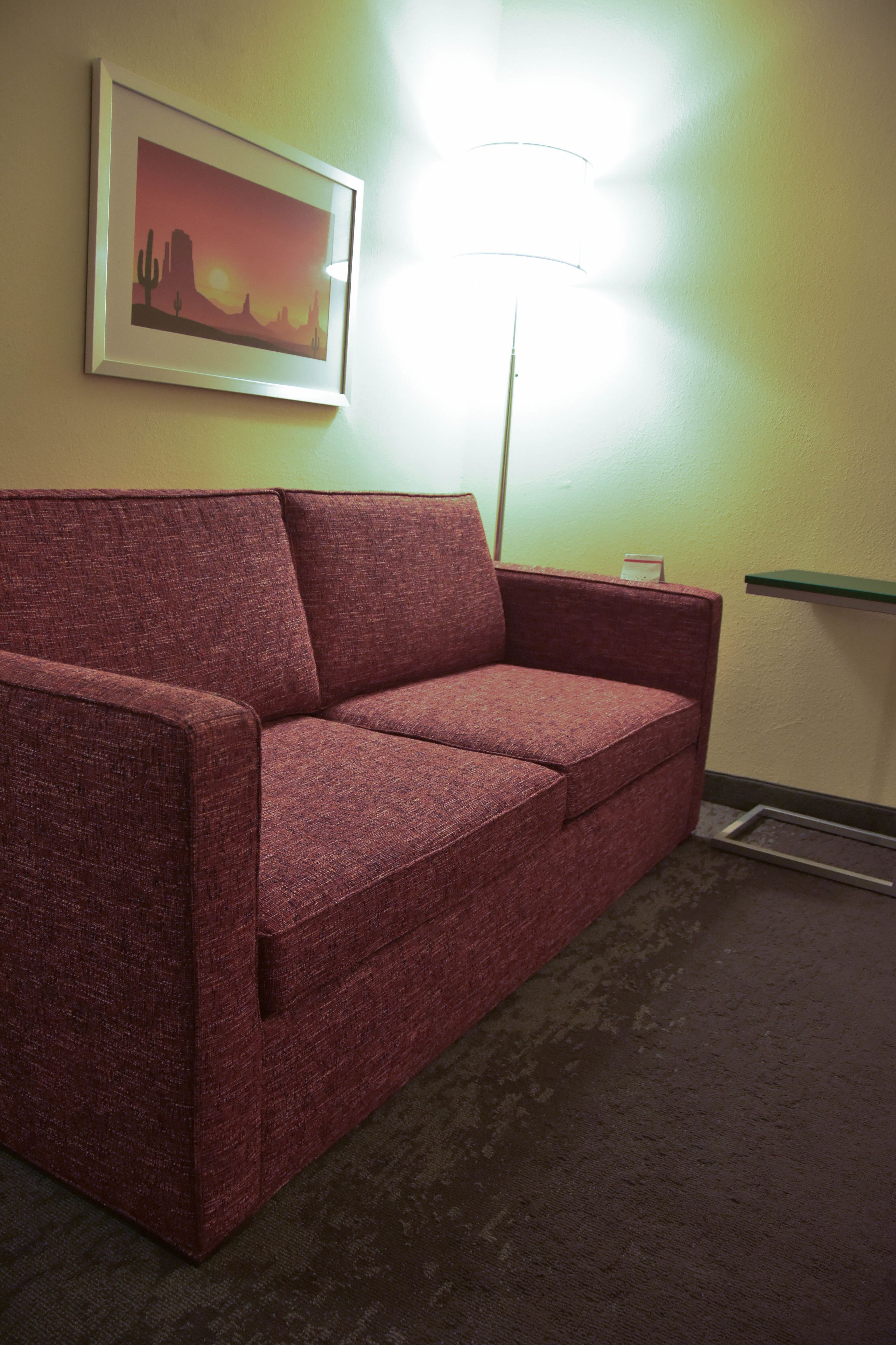 A red sofa in a room with a framed picture on the wall and a floor lamp.