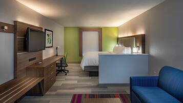 Una habitación de hotel con cama, escritorio, silla, televisor y sofá.