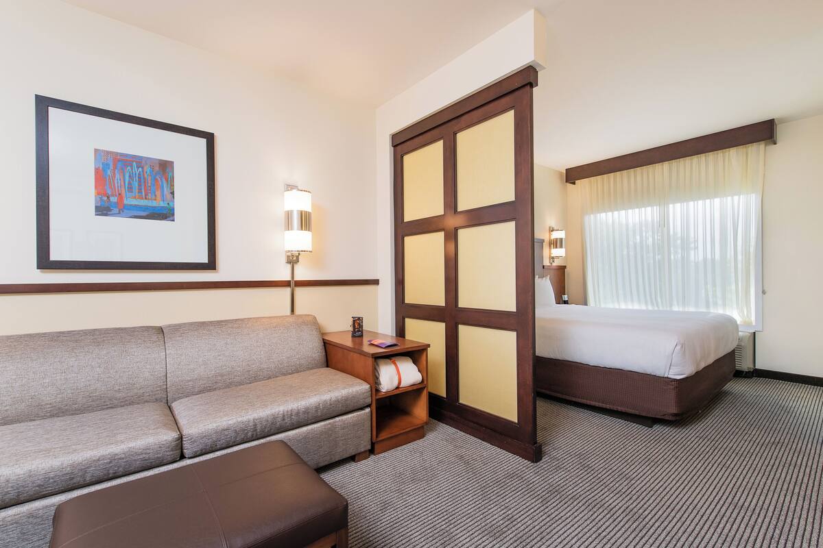A hotel room with a sofa, a bed, a nightstand, a framed picture on the wall, and a window with curtains.