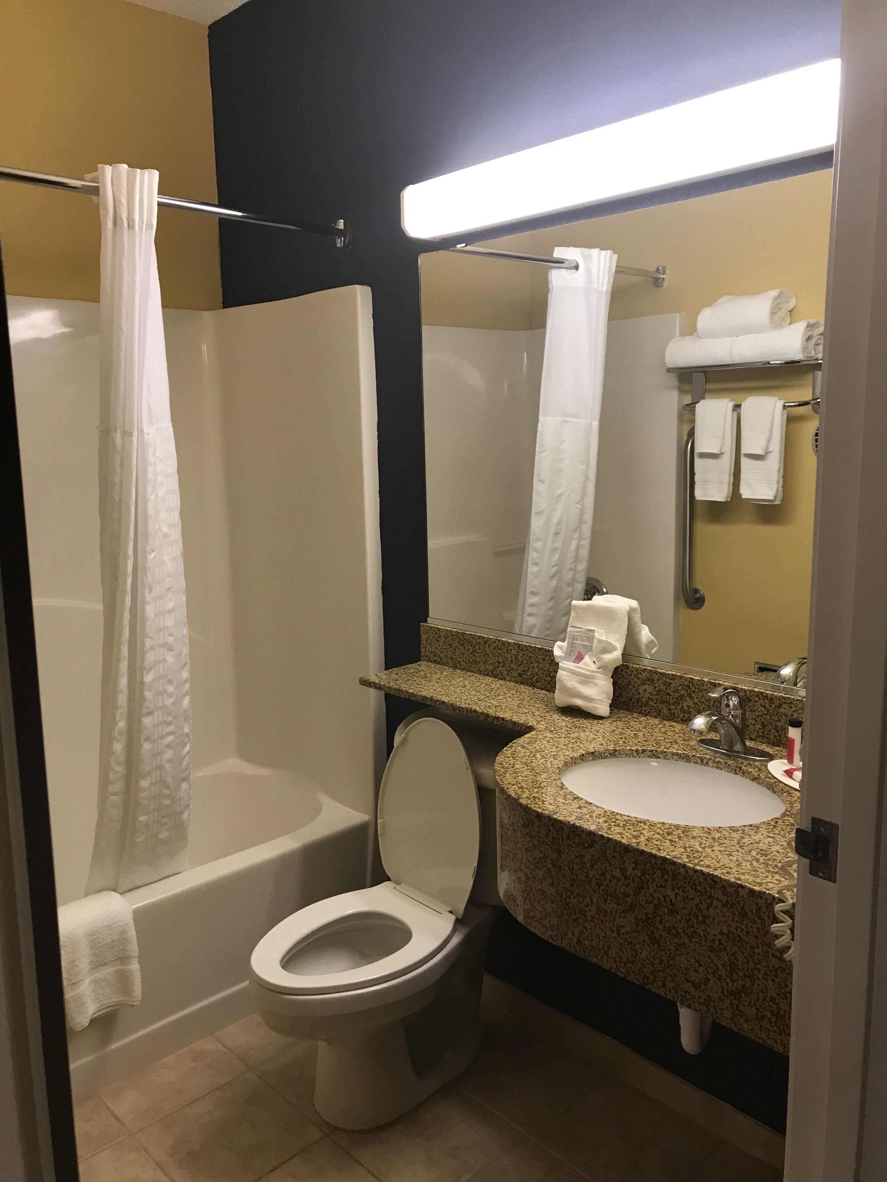 Et badeværelse med brusebad, toilet, vask og spejl.