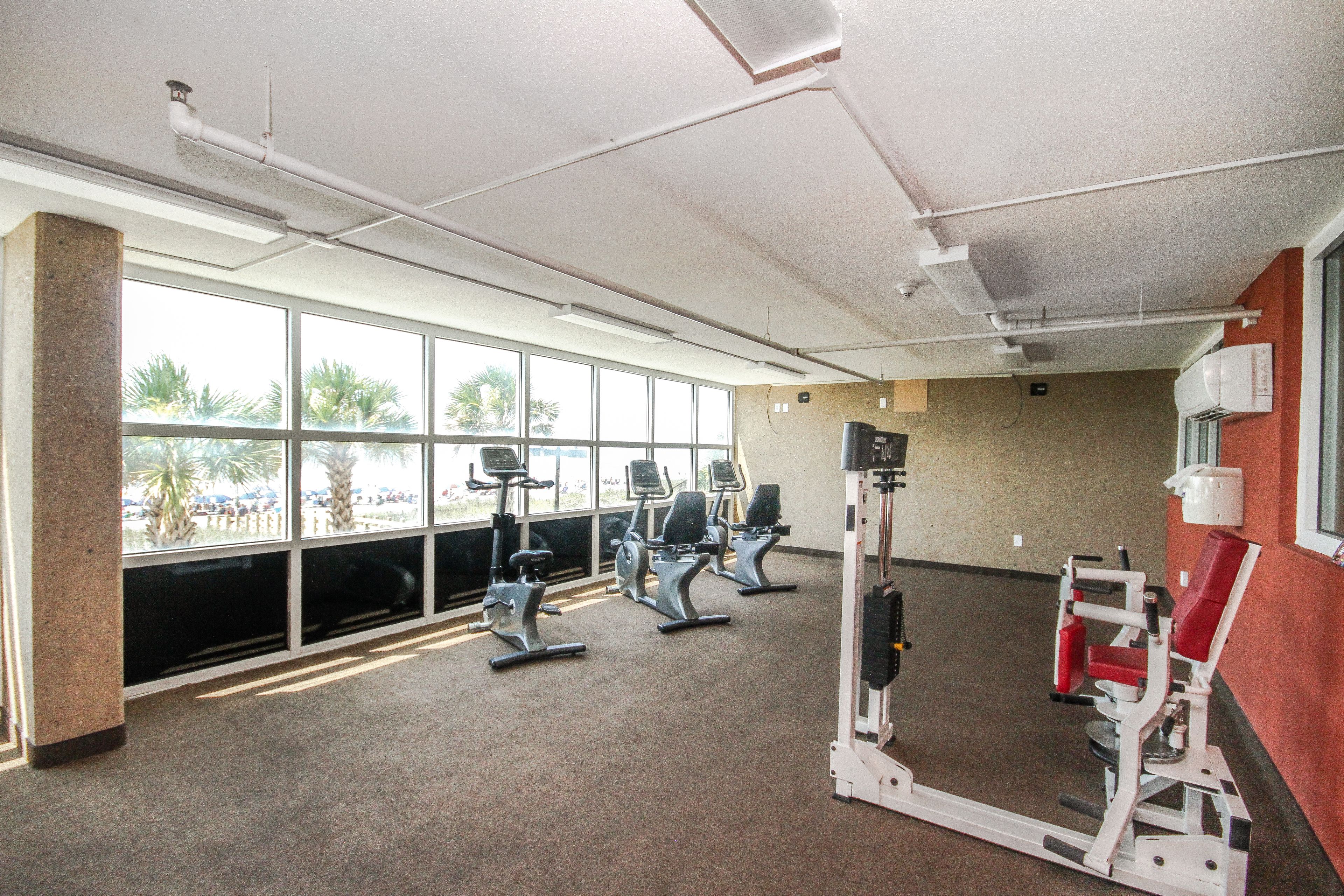 Une salle de sport équip ée de matériel d’exercice, dotée de grandes fenêtres et offrant une vue sur des palmiers.