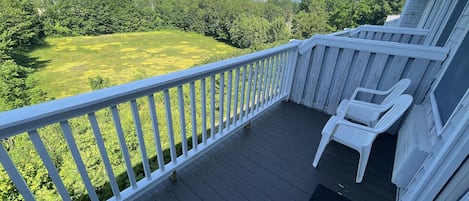 A wooden deck with a white railing overlooking a green landscape and mountains.