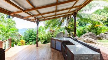 A covered outdoor area with a wooden deck, a stone counter, and lush tropical vegetation.