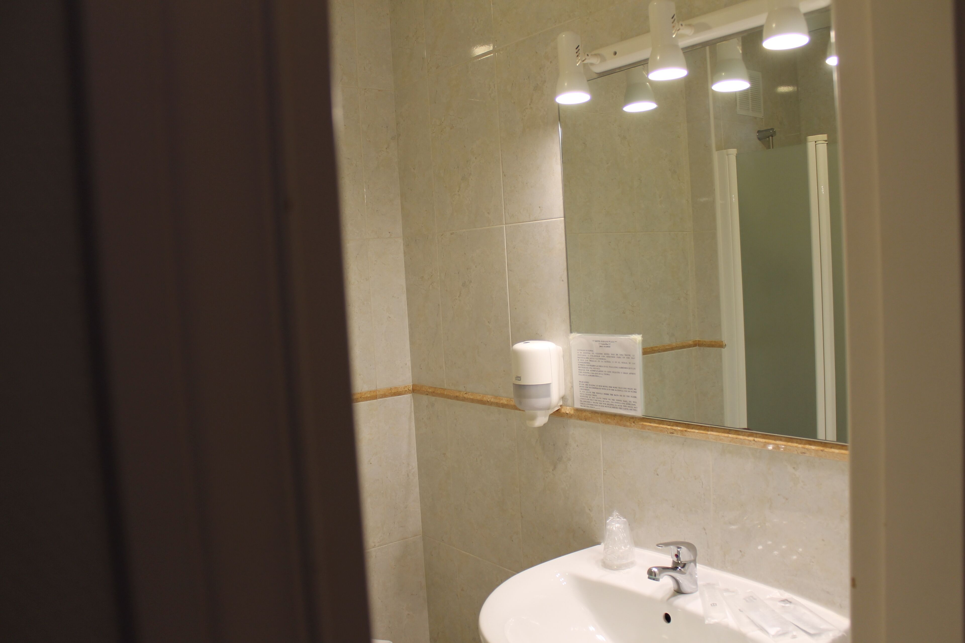 Un baño con lavamanos, espejo y dispensador de jabón.