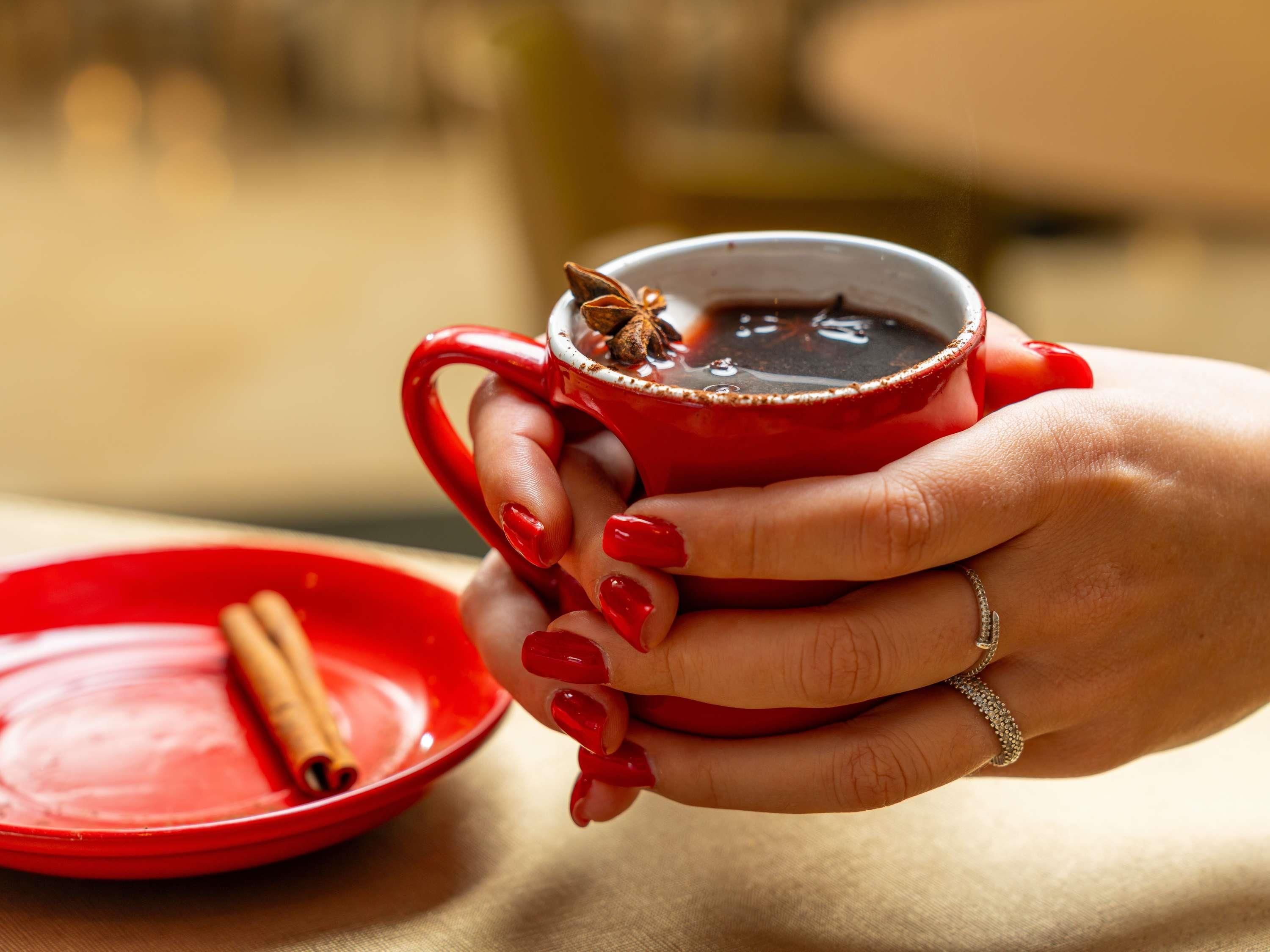 Eine Person hält eine rote Tasse mit Zimtstange und Sternanis, daneben ein roter Teller.