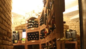 Una bodega con múltiples estantes para vino y una silla.