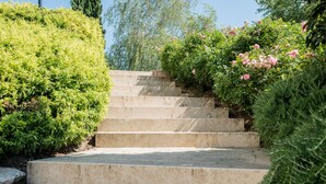 Un conjunto de escalones de piedra que conducen a un edificio, rodeado de abundante vegetación y arbustos florecientes.