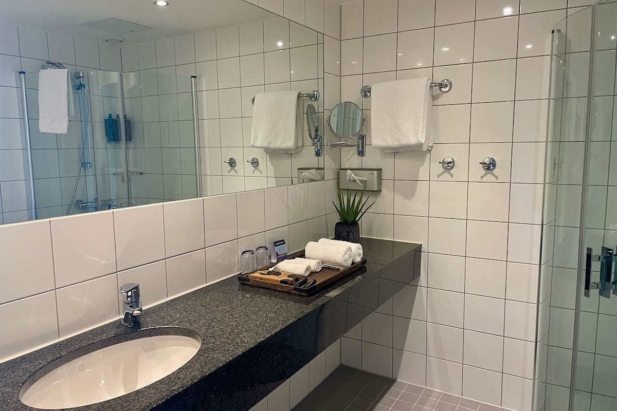 shower, eco-friendly toiletries, hair dryer, bathrobes