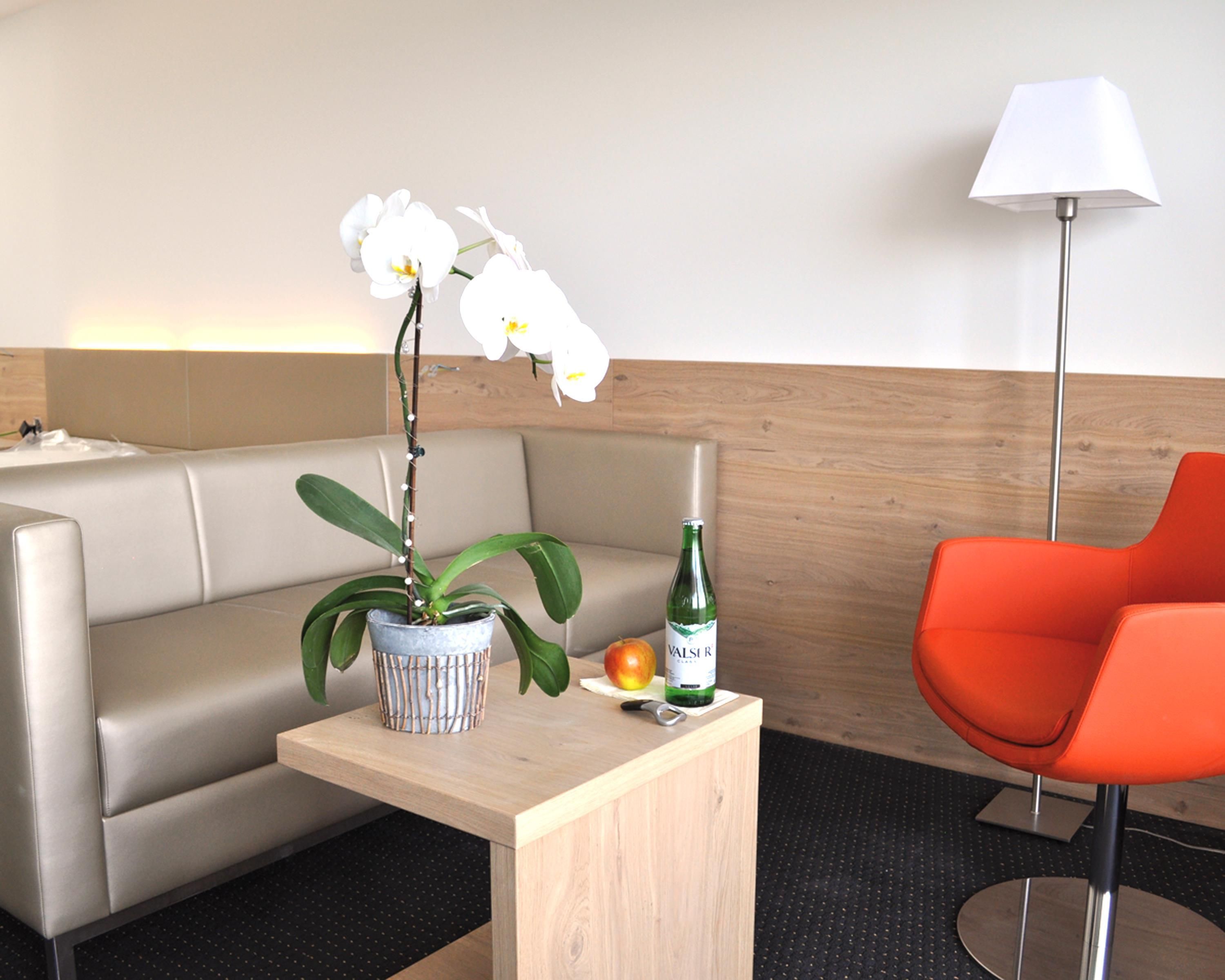 Et hotelværelse med en sofa, et lille bord med en potteplante, en flaske og et æble.