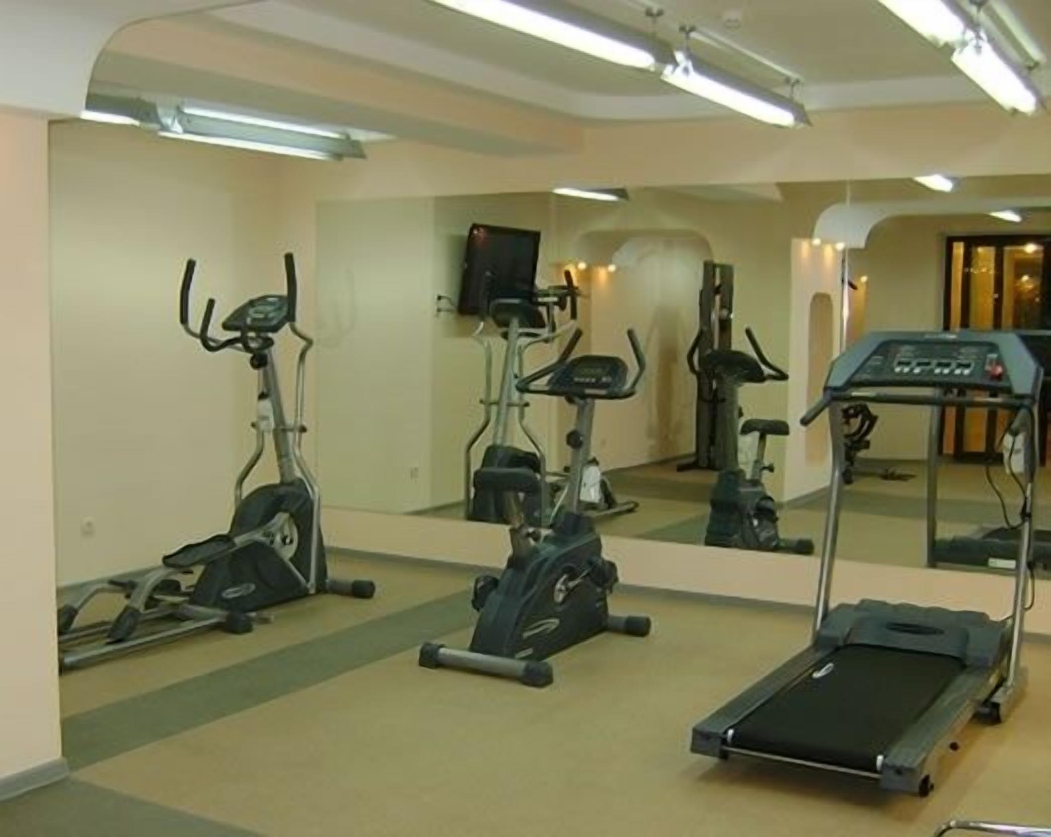 Une salle de sport équipée de nombreux appareils d’exercice, notamment des tapis de course et des vélos d’appartement, et aménagée dans un espace vaste dont les murs sont recouverts de miroirs.