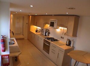 Full-size fridge, microwave, stovetop, dishwasher