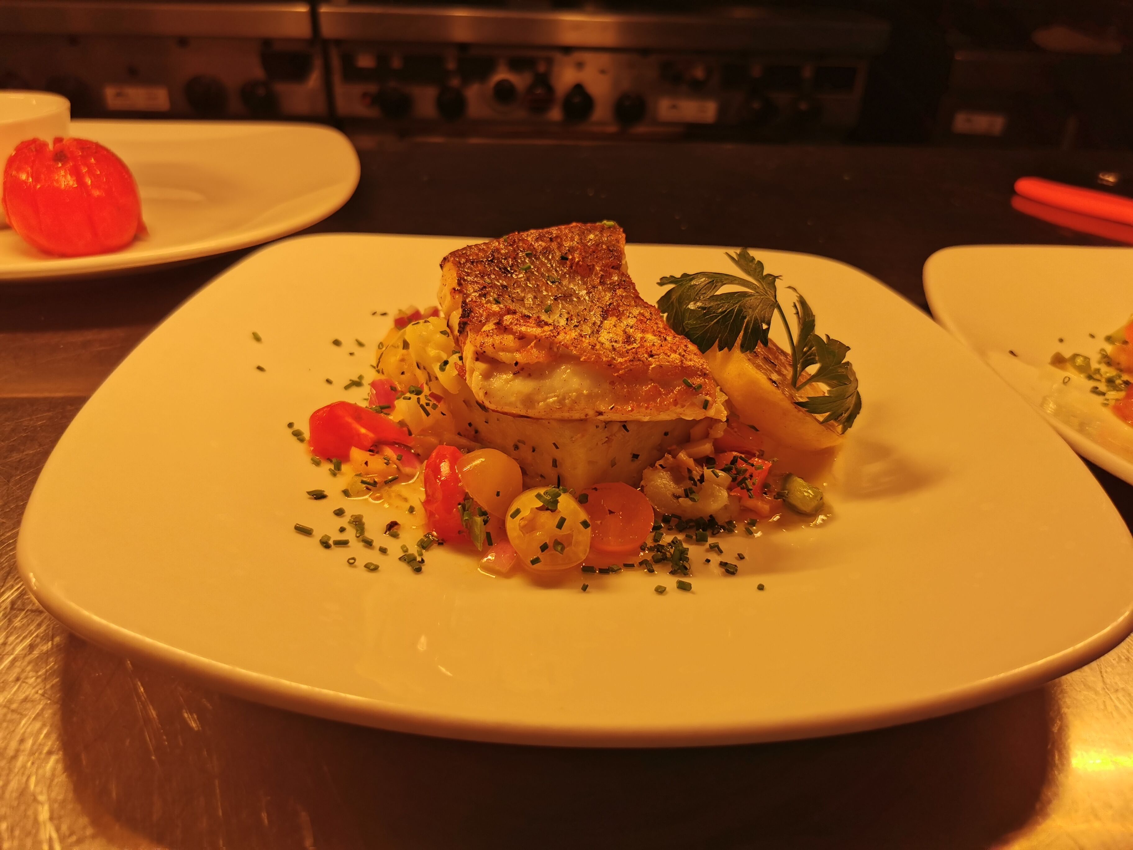 A white plate with a piece of grilled fish, garnished with herbs and vegetables.