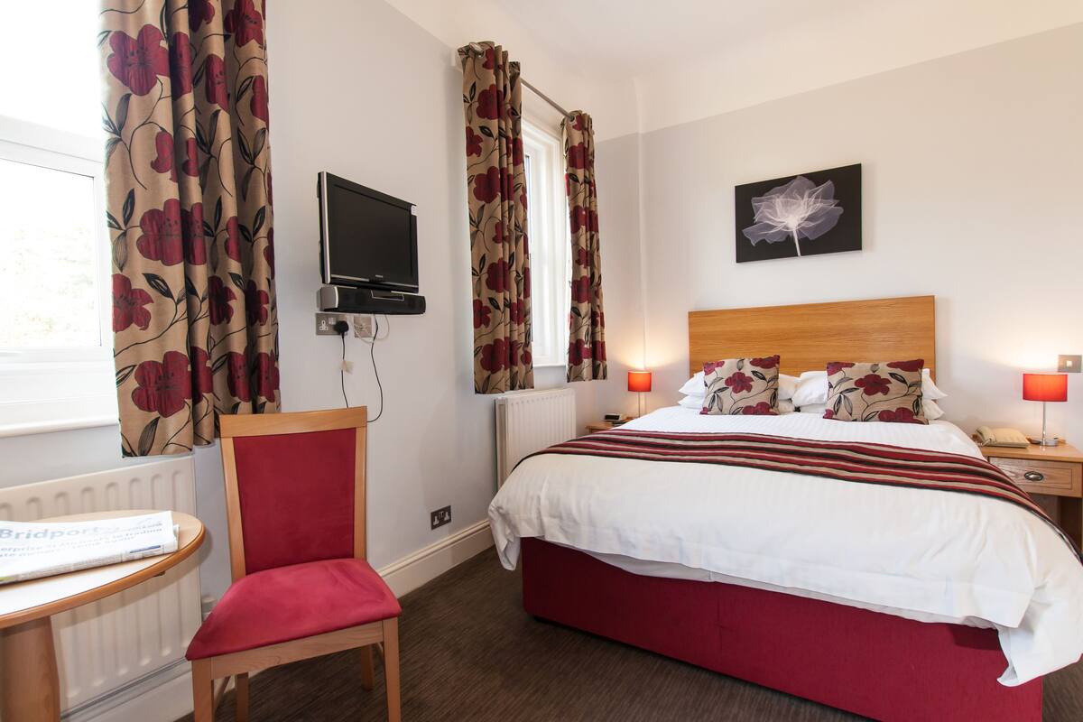 A hotel room with a bed, a chair, a television, a window with curtains, a radiator, and a wall-mounted picture.