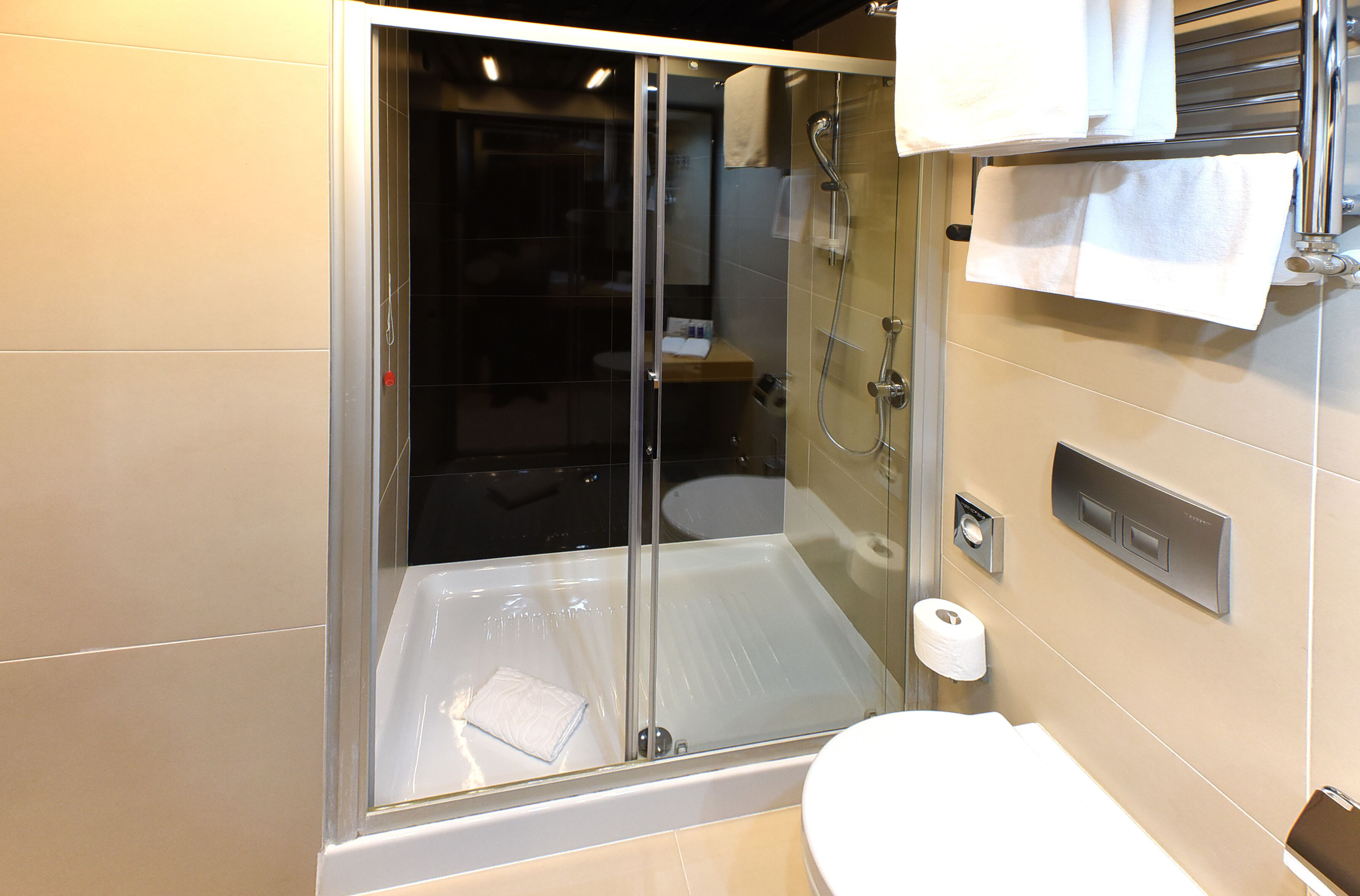 shower, free toiletries, hair dryer, towels