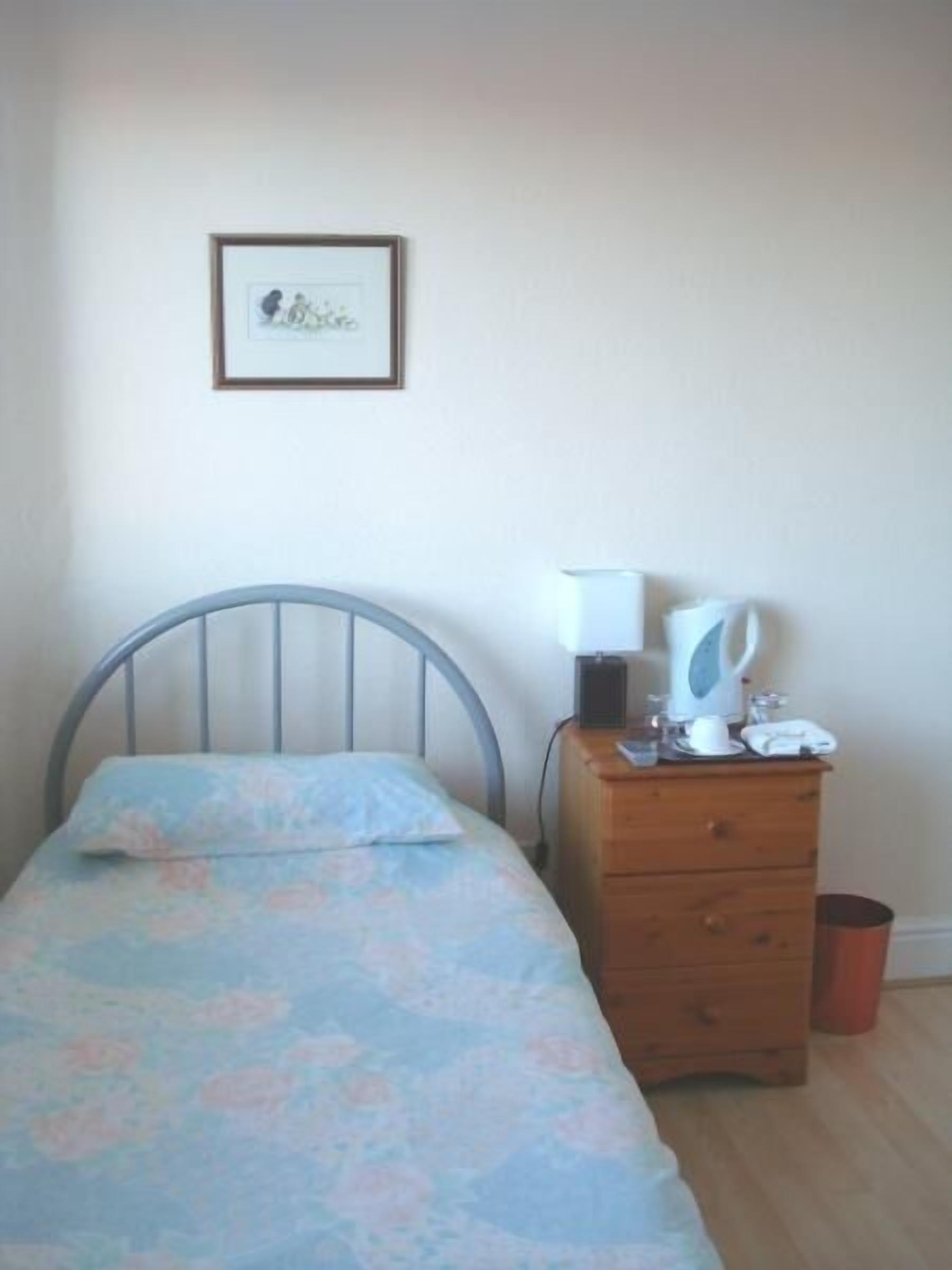 A bedroom with a bed, a wooden nightstand, a framed picture on the wall, and a small trash bin.