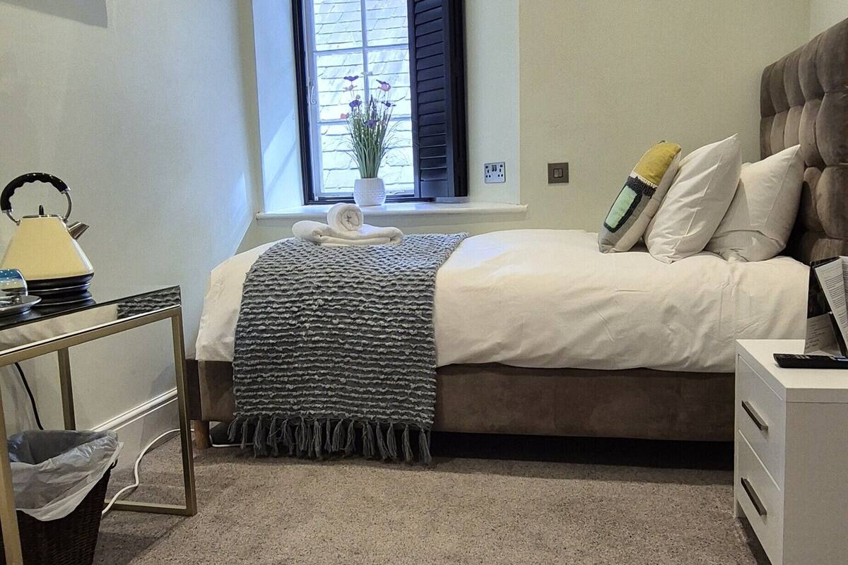 A bedroom with a bed, bedside table, lamp, window, and a small plant.