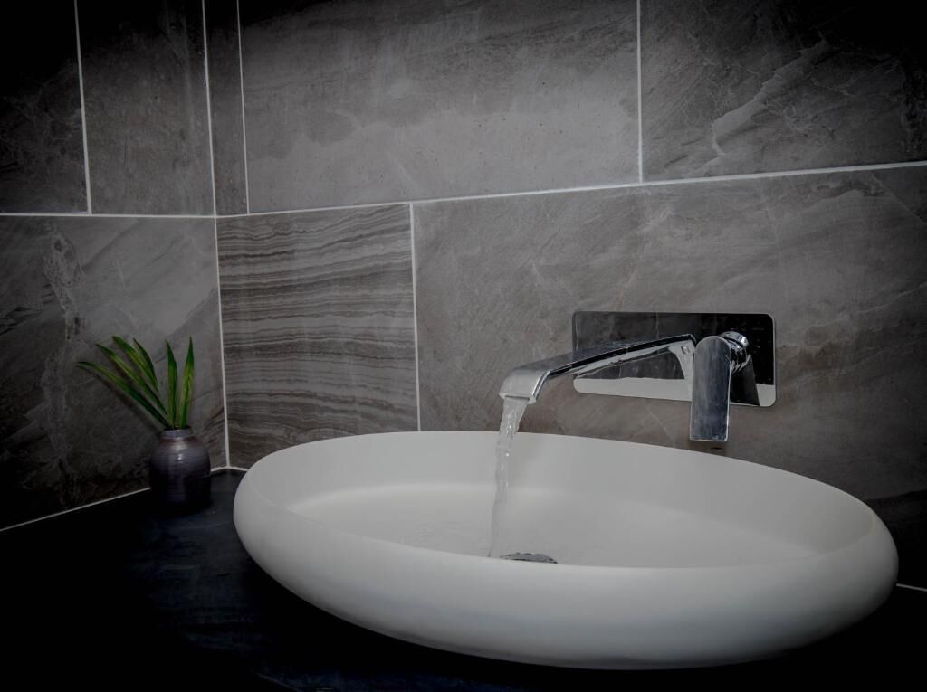 A bathroom with a white sink, a modern faucet, and a potted plant.