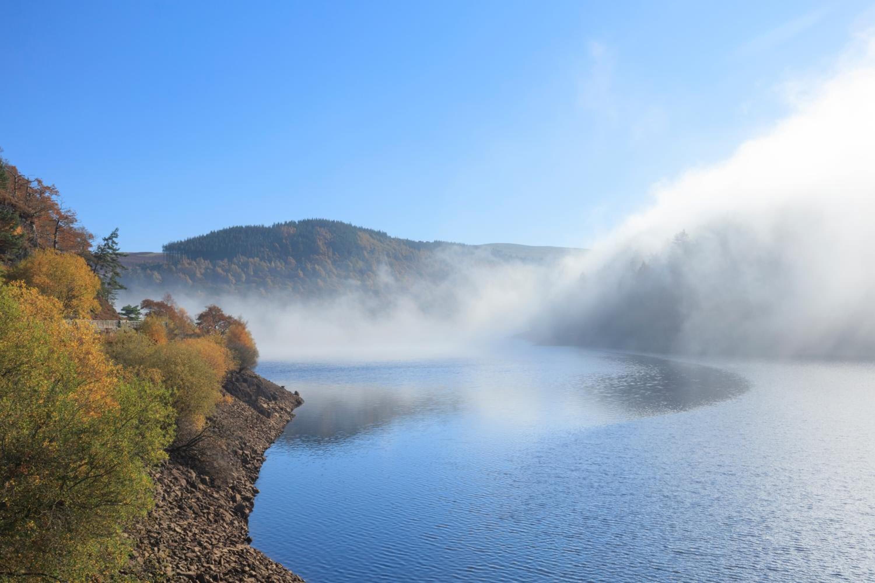 A serene lake with a rocky shoreline and a forested hill in the background.