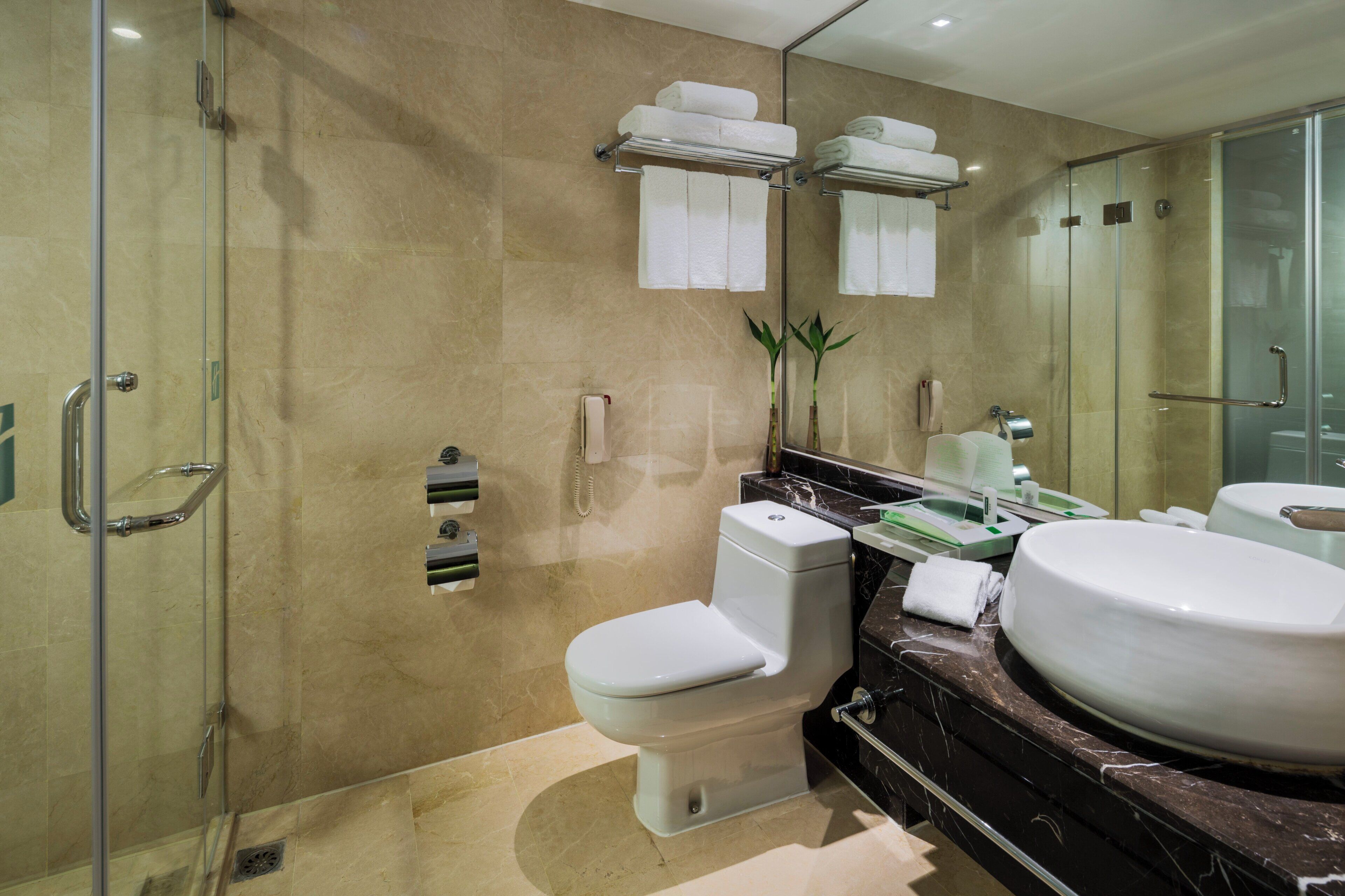 Un baño moderno con cabina de ducha de vidrio, inodoro, lavabo con una amplia cubeta y espejo.