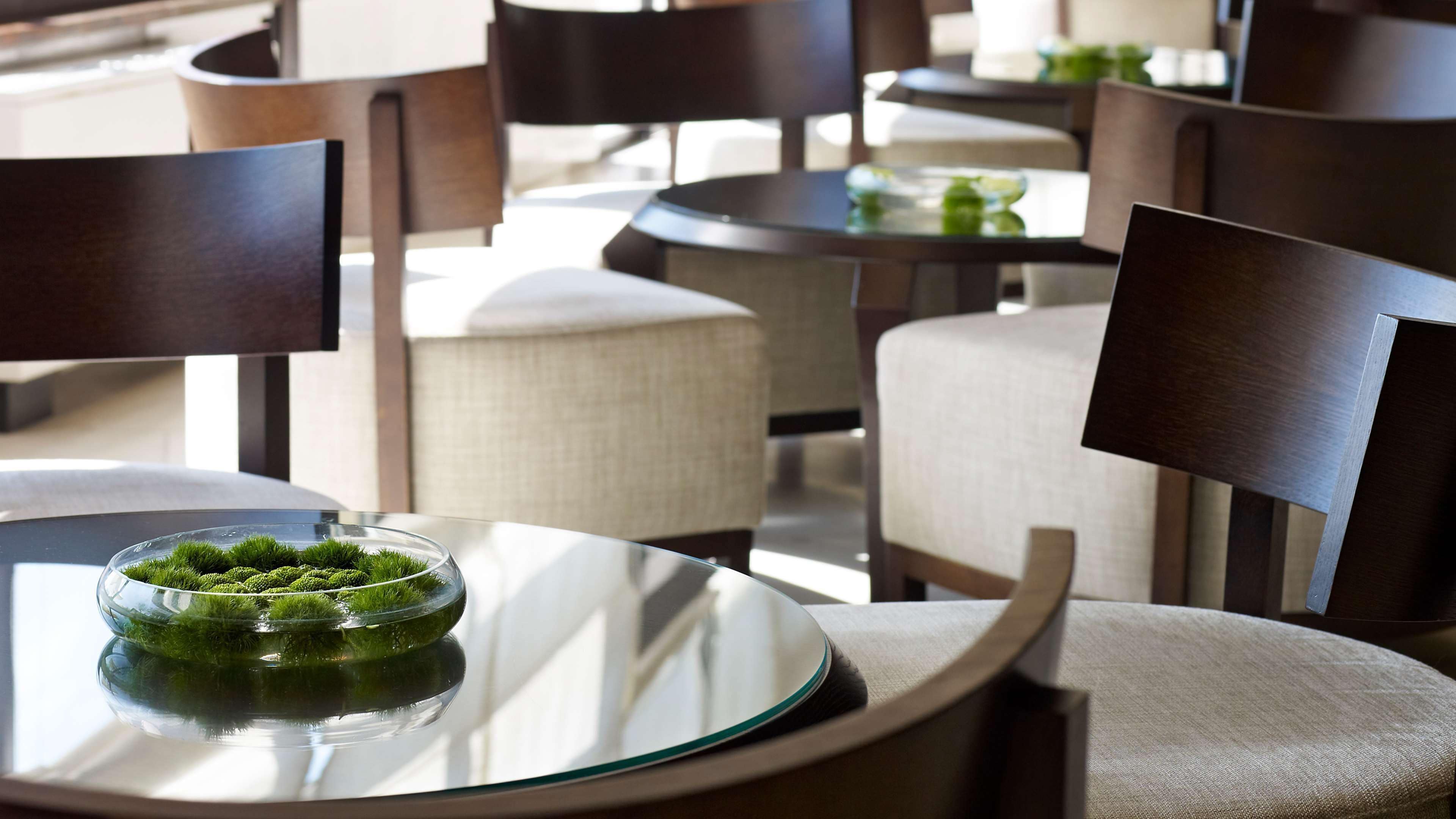 A modern dining area with round tables and dark wooden chairs.
