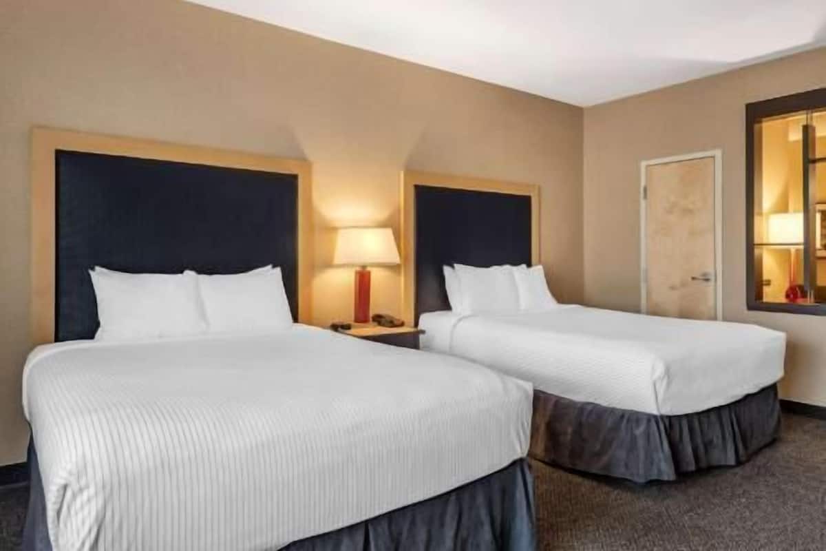 Premium bedding, pillow-top beds, desk, laptop workspace