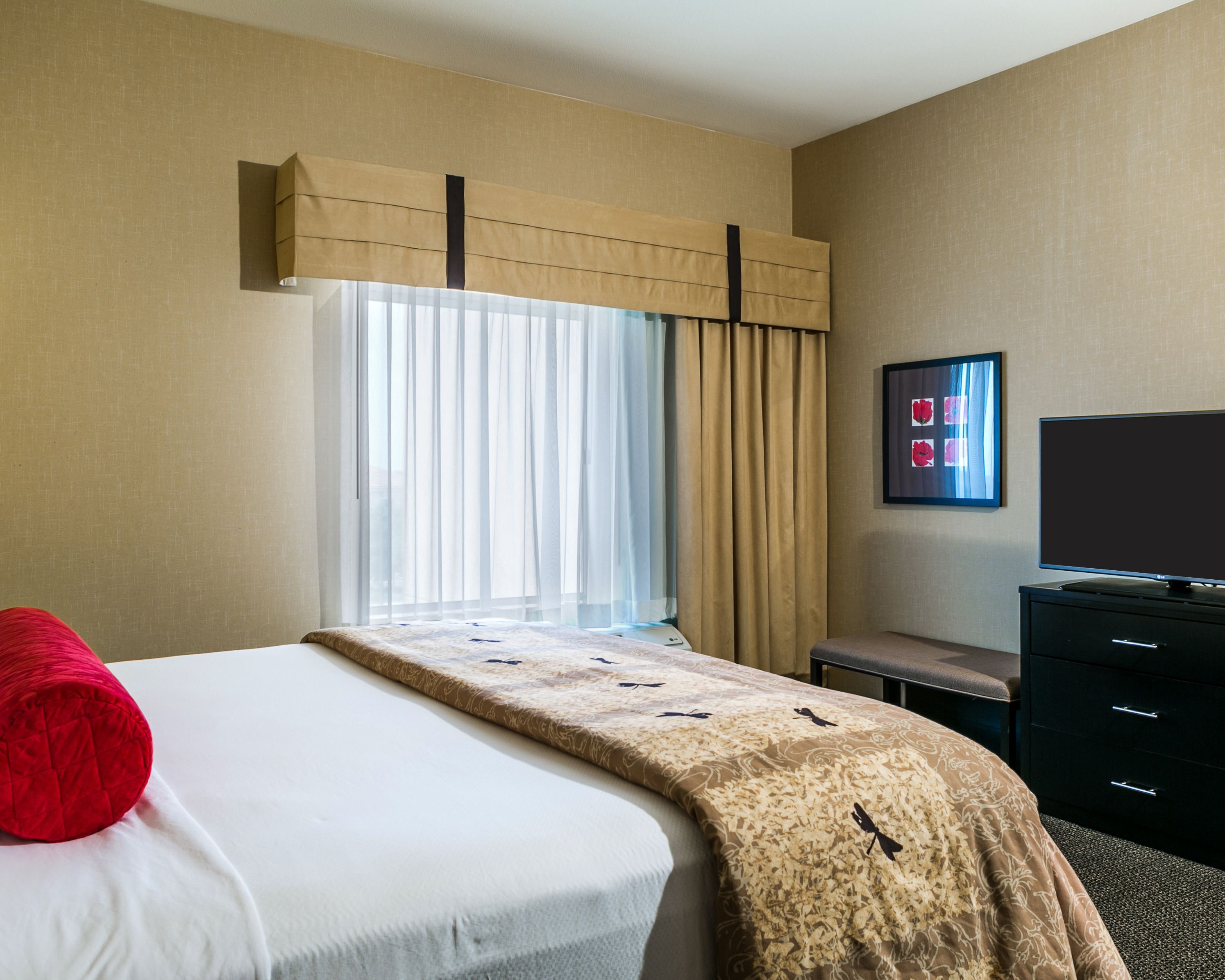 A hotel room with a bed, a TV, a desk, and a window with curtains.