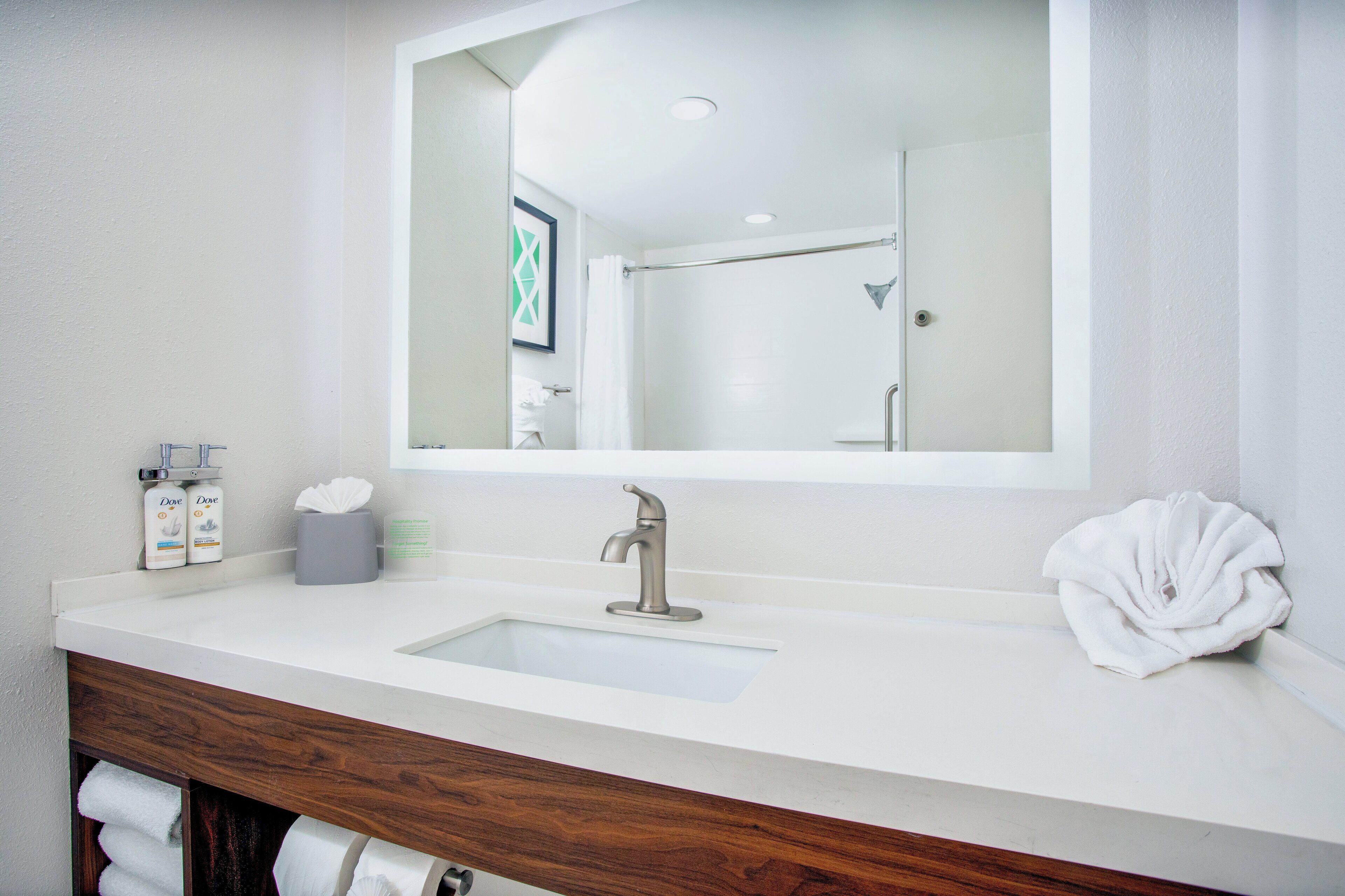 combined shower/bathtub, free toiletries, hair dryer, towels