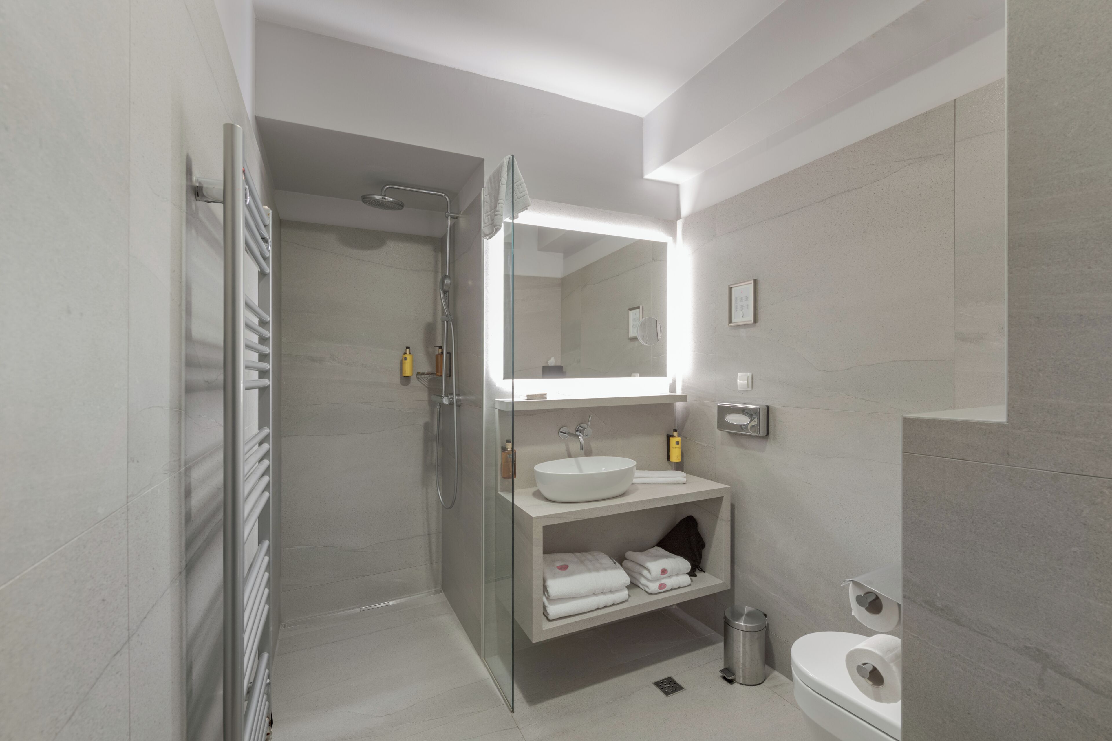 A modern bathroom with a glass-enclosed shower, a white sink, and a toilet.