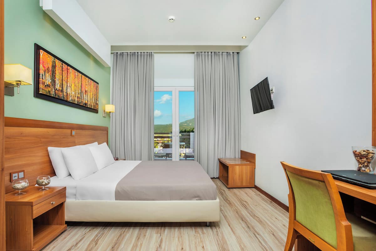 A hotel room with a large bed, a desk, a chair, a TV, a painting, and a view of the outdoors.