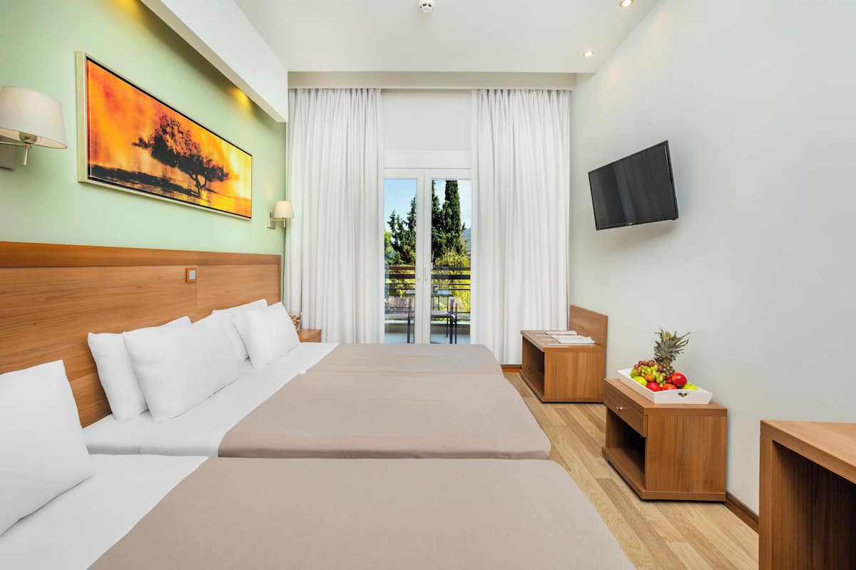 A hotel room with a large bed, a TV, a fruit bowl, and a view of trees through the window.
