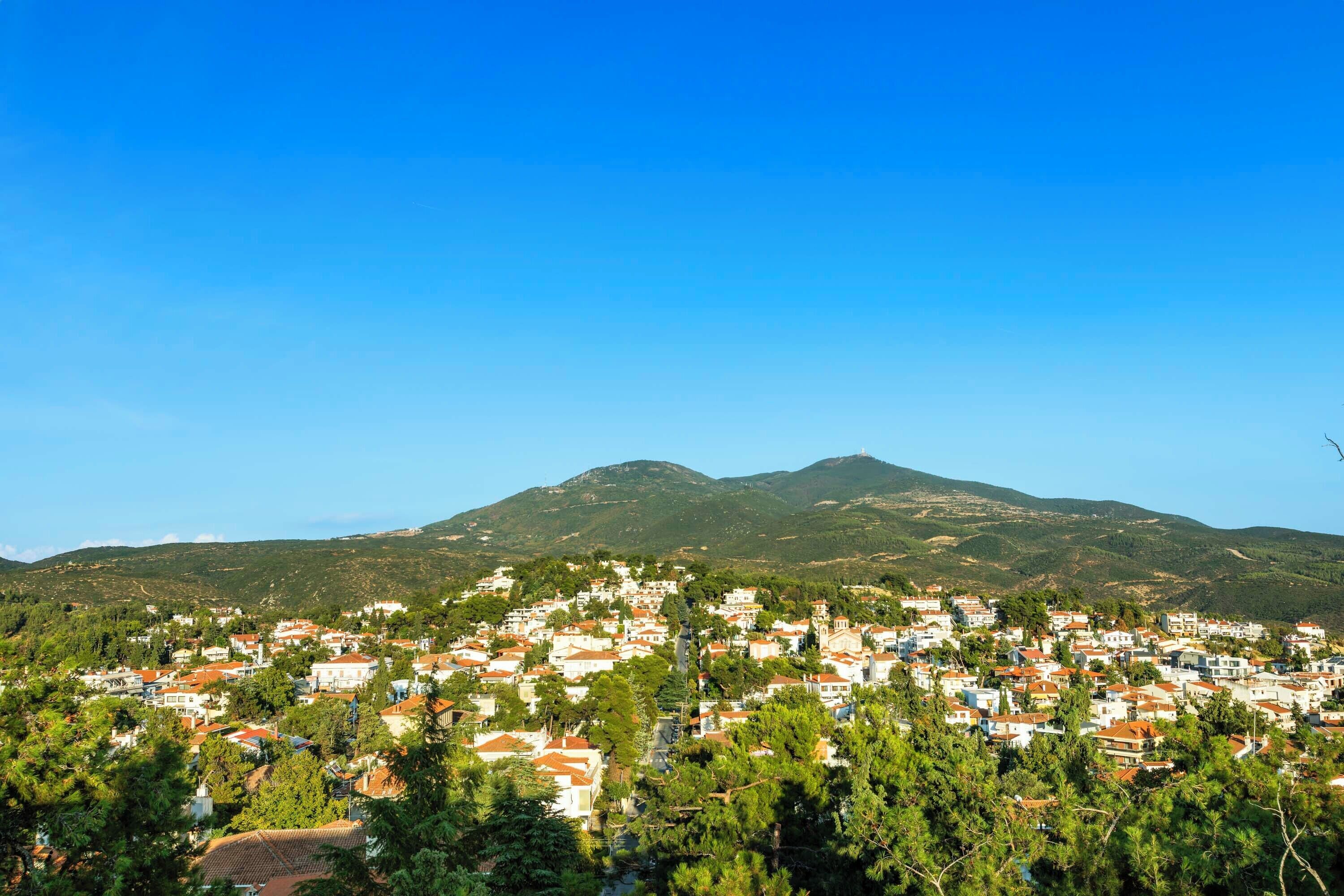 Un pueblo en la ladera de una colina con edificios y una montaña al fondo.