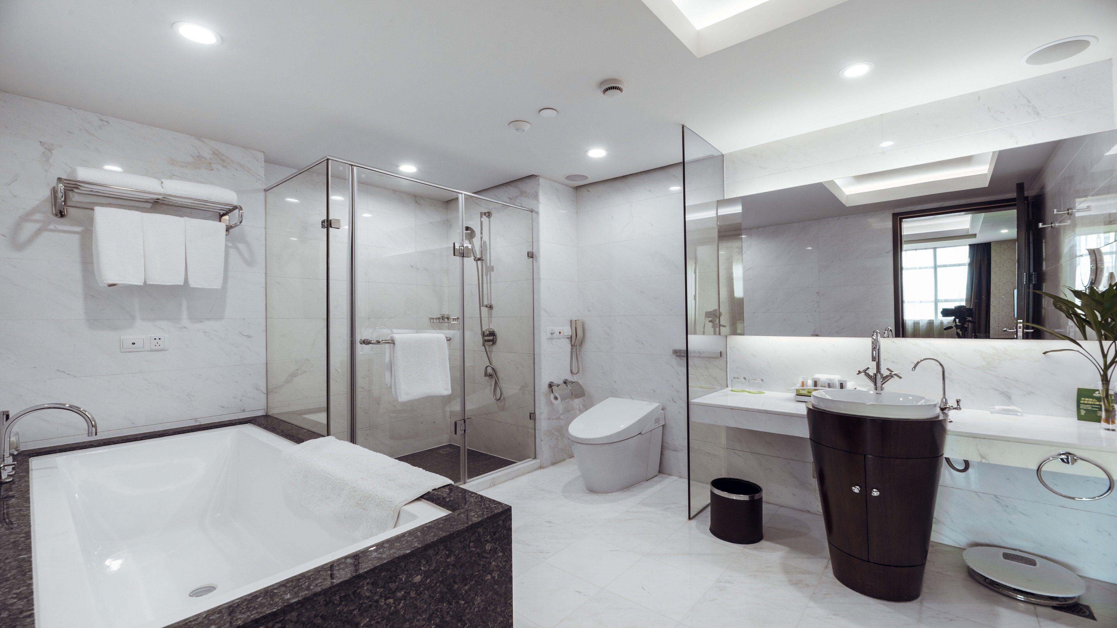 A modern bathroom with a glass-enclosed shower, a freestanding bathtub, a vanity with a sink, and a toilet.