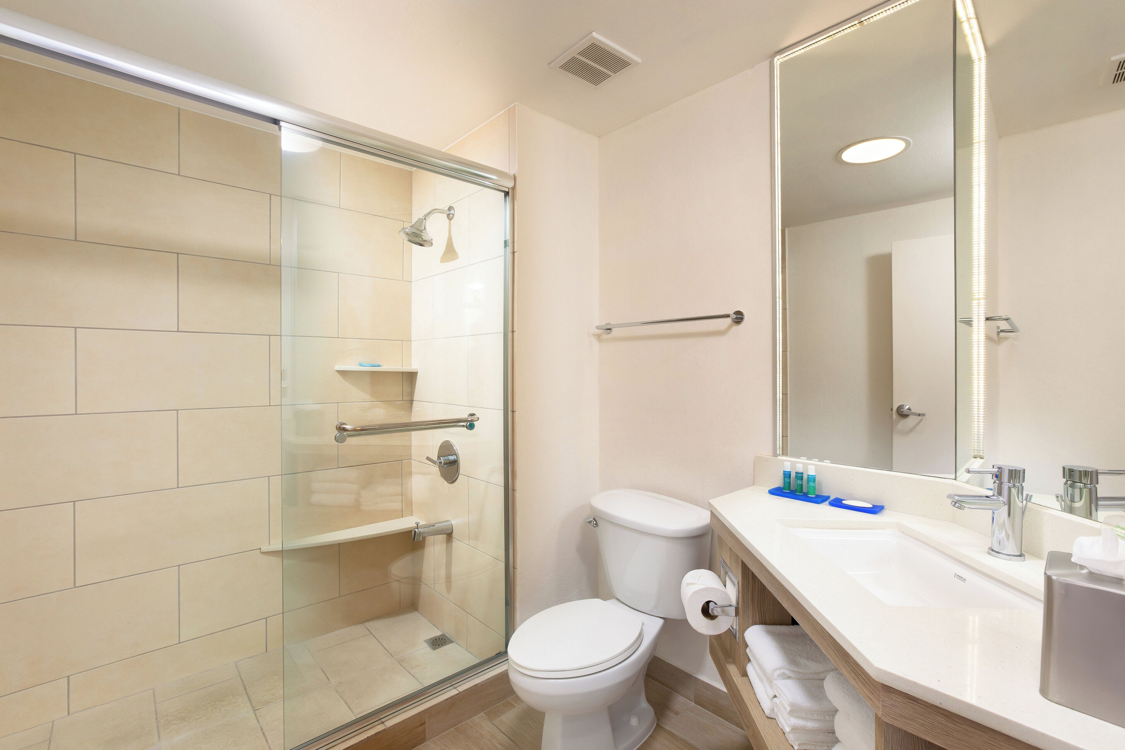 A modern bathroom with a glass-enclosed shower, a toilet, and a vanity with a mirror.