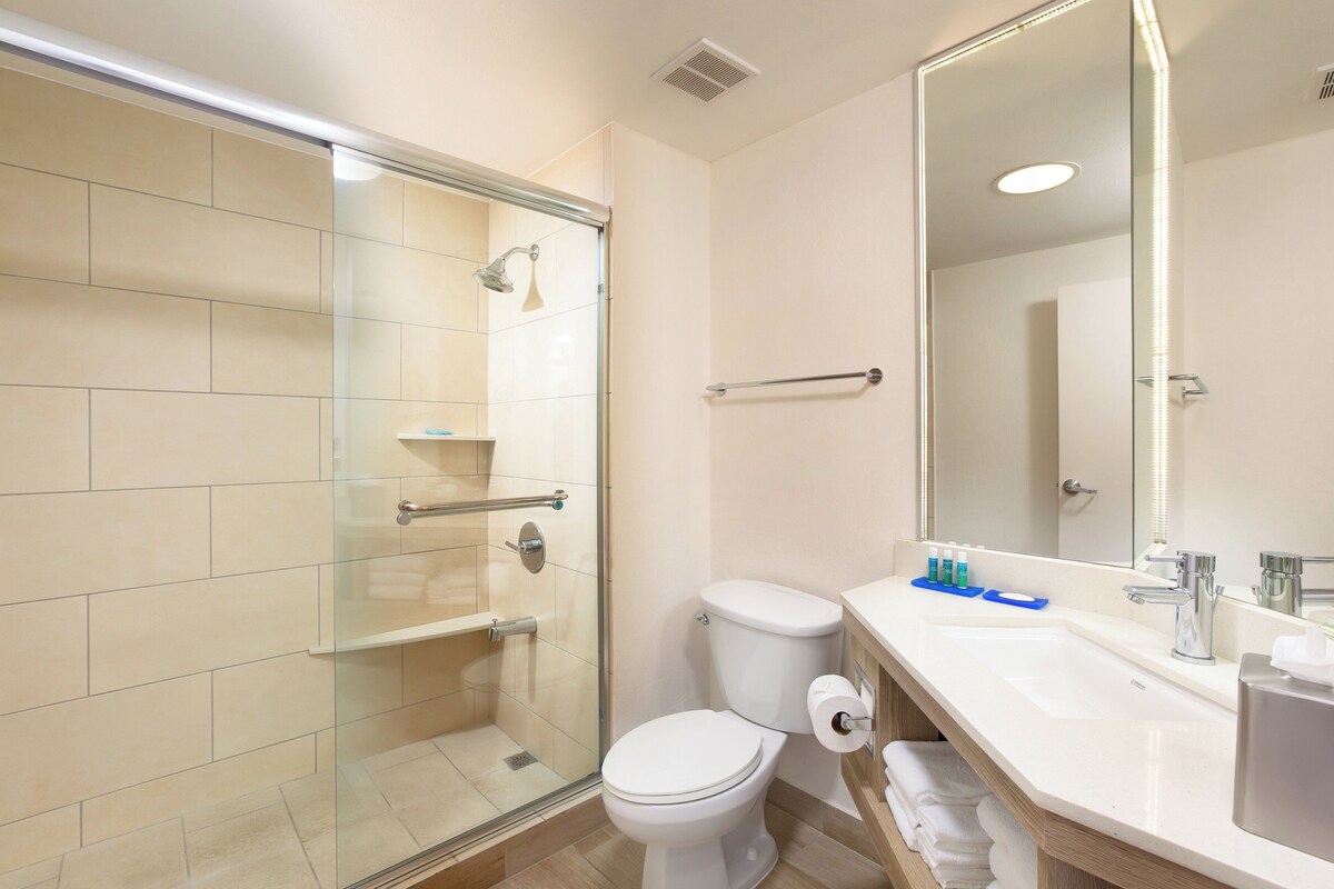 A modern bathroom with a glass-enclosed shower, a toilet, and a vanity with a mirror.