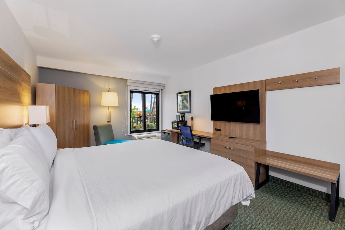A hotel room with a large bed, a desk with a chair, a TV mounted on the wall, and a window with a view of greenery.