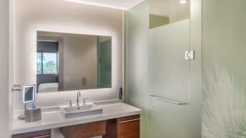 A modern bathroom with a large mirror, a sink, and a glass shower enclosure.