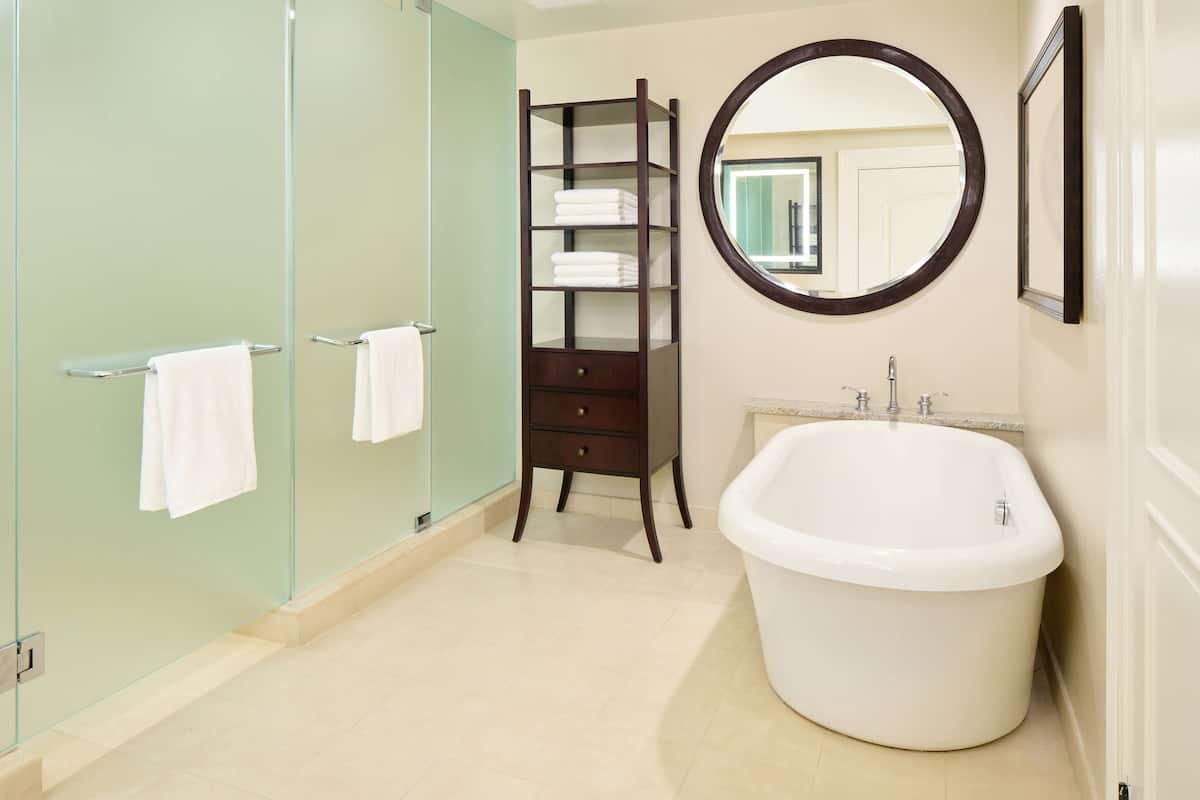 designer toiletries, hair dryer, towels, shampoo